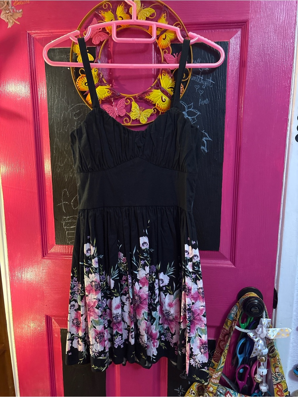 Francesca's Collections Black Sundress with Pink & White Floral Hem